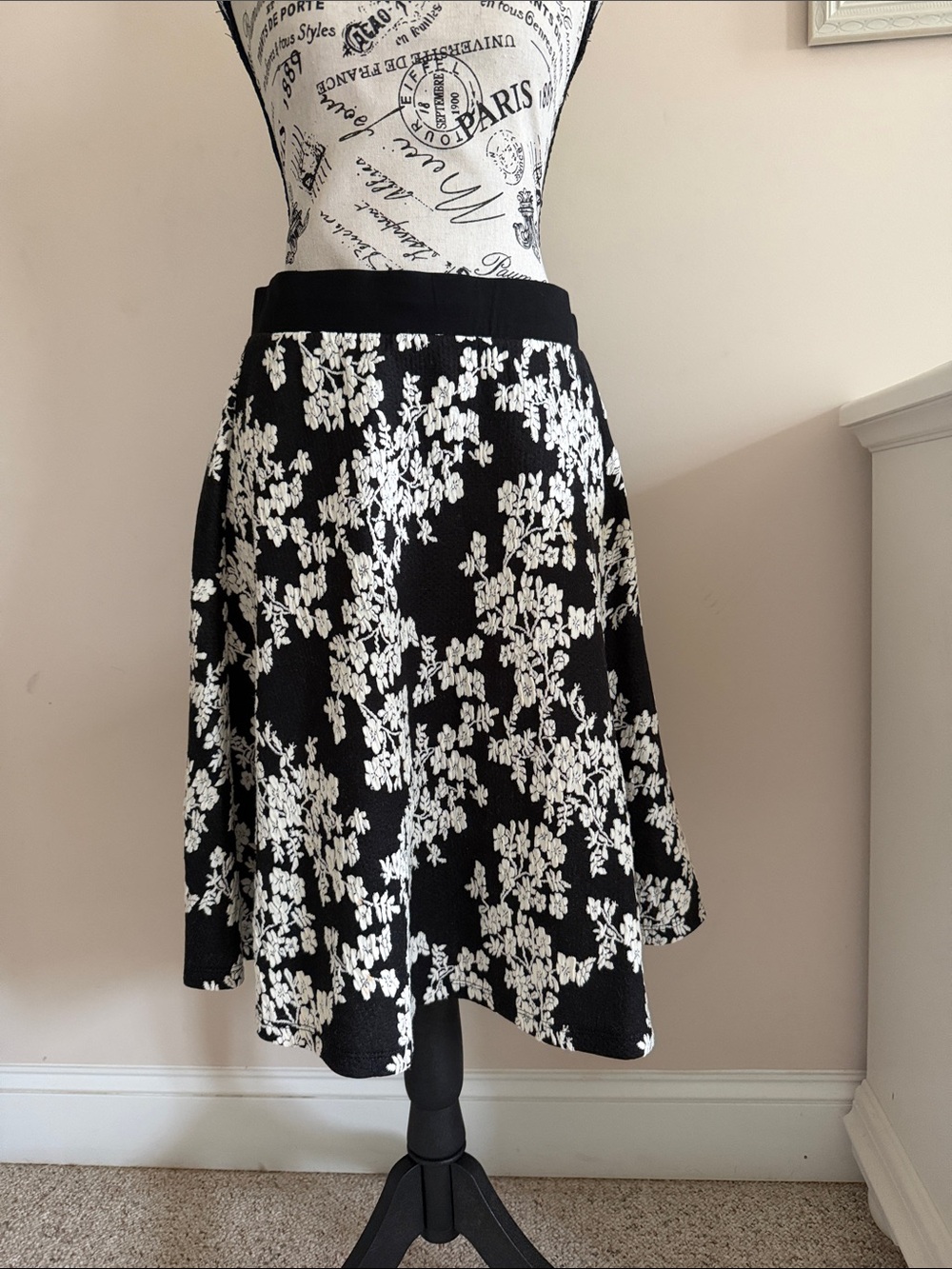 Black and White Floral A-Line Skirt